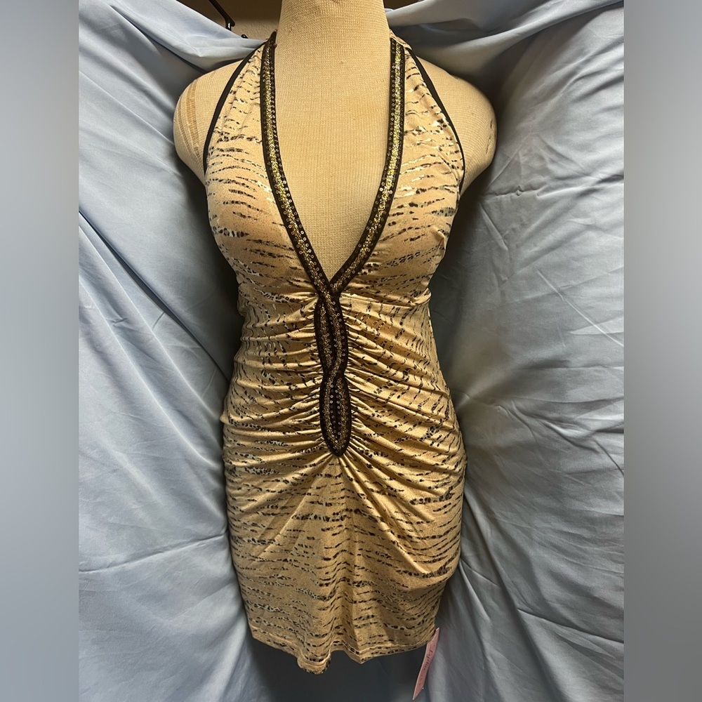 Animal Print Halter Dress with Black Trim & Very Low Back With Straps